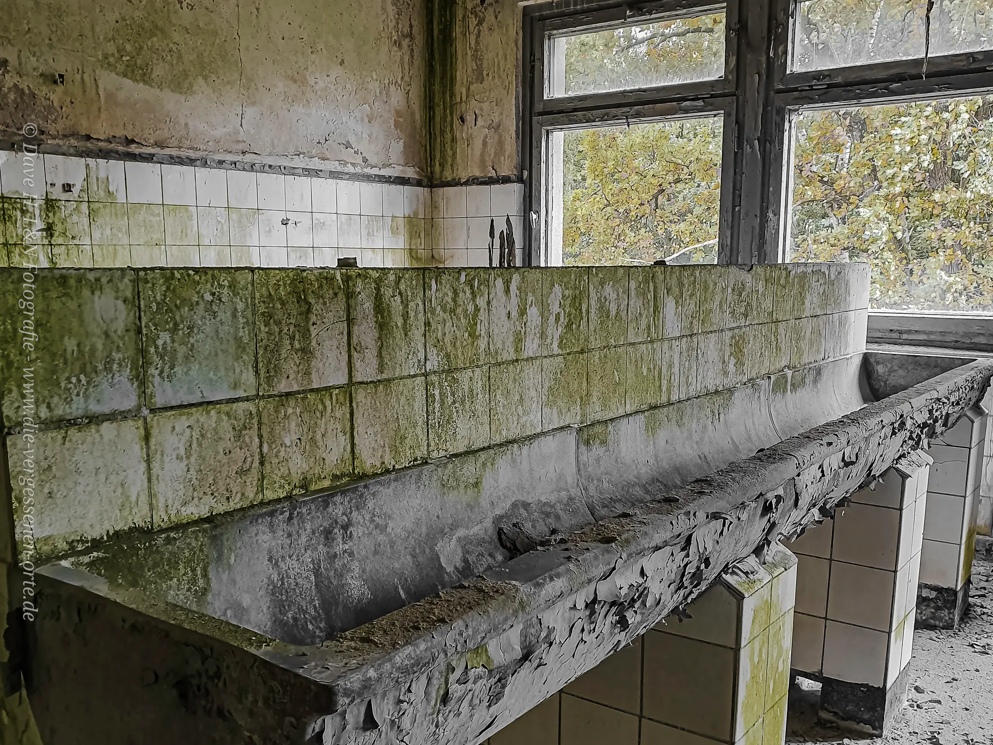 Waschbecken, überzogen von Grünspan, Im Waschraum der verlassenen Kaserne.
