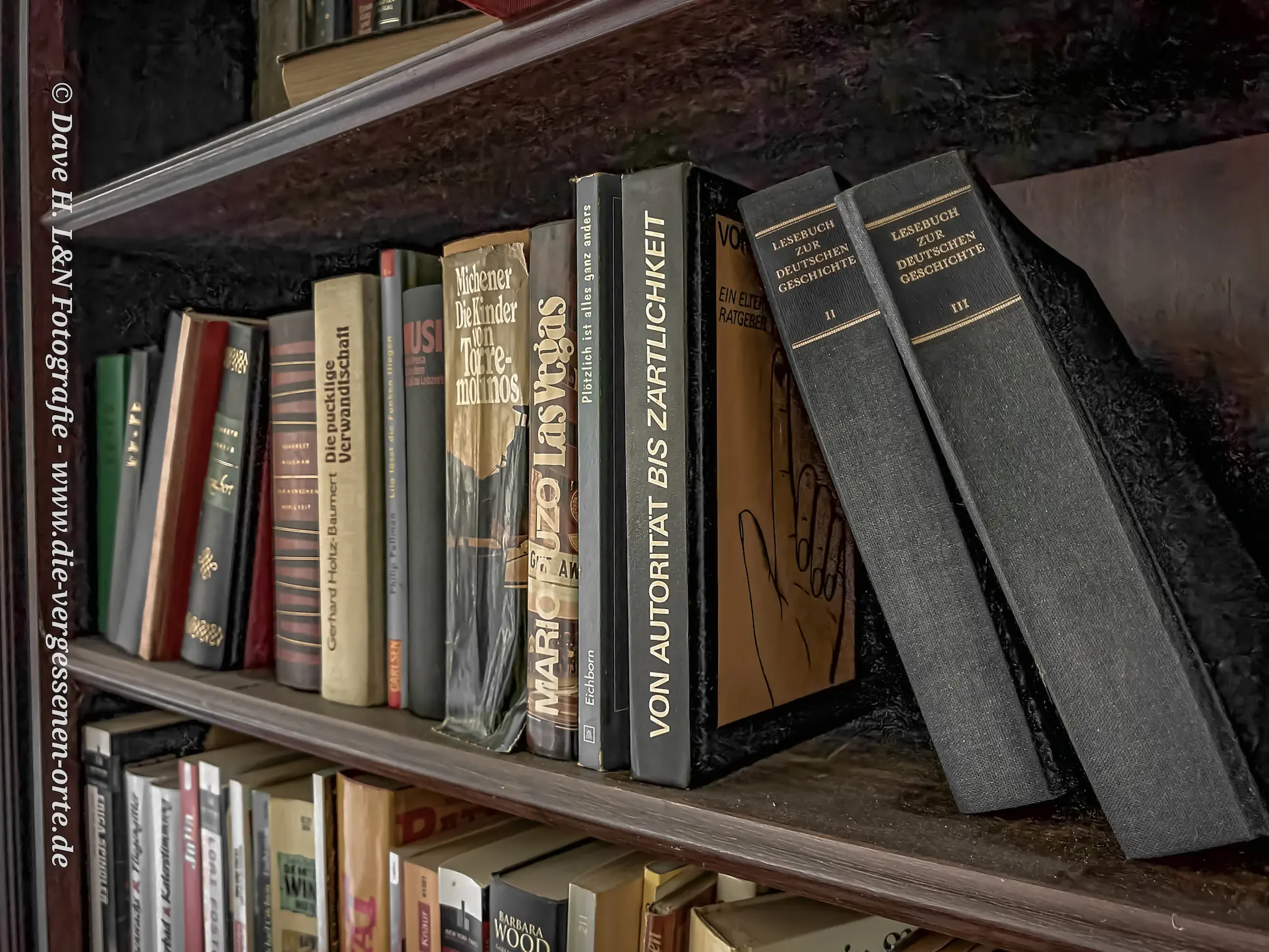 Nahaufnahme alter Bücher im Bücherregal des verlassenen Schlosses.
