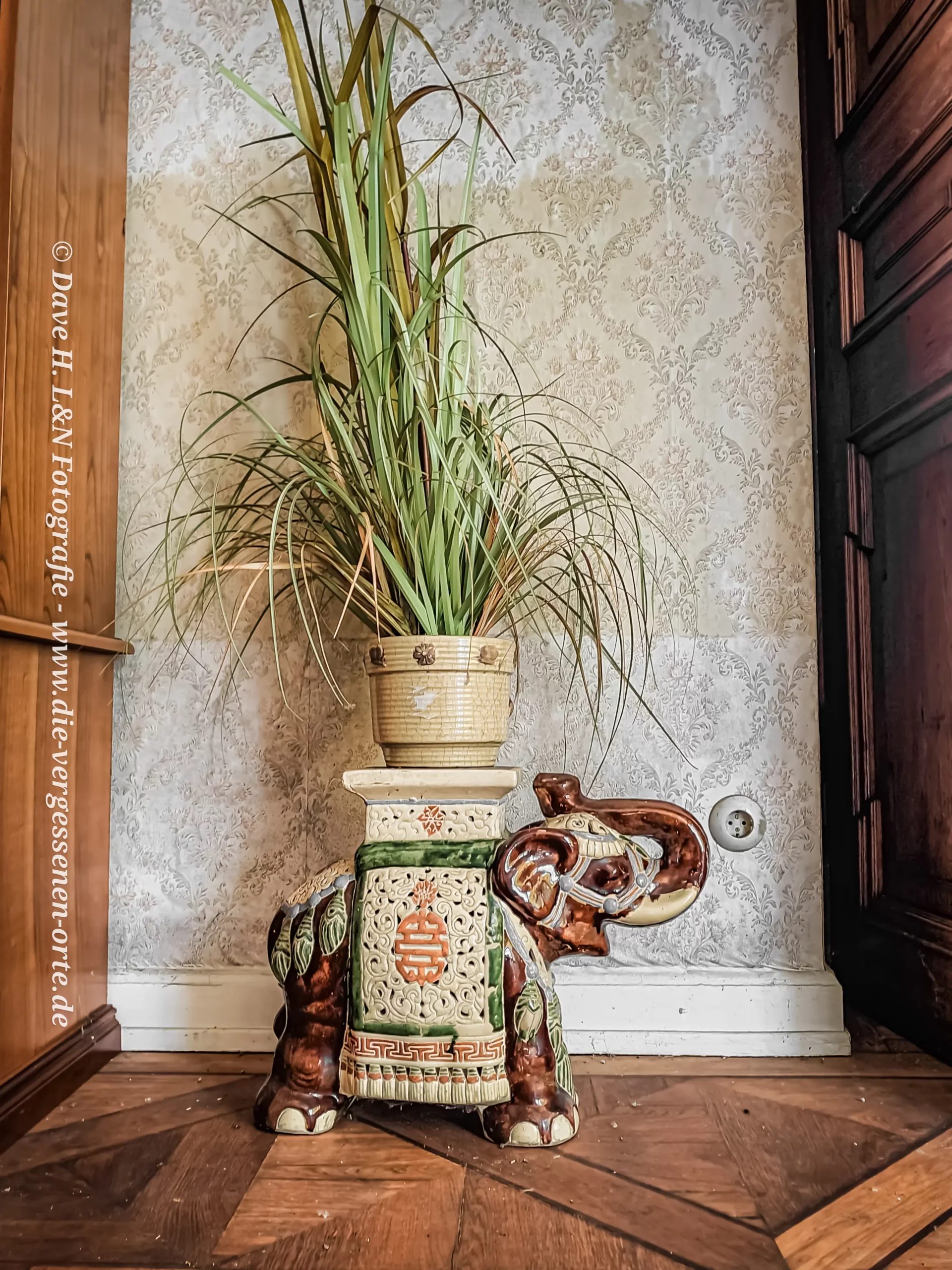 Alte Elefantenvase mit Blume im verlassenen Schloss.