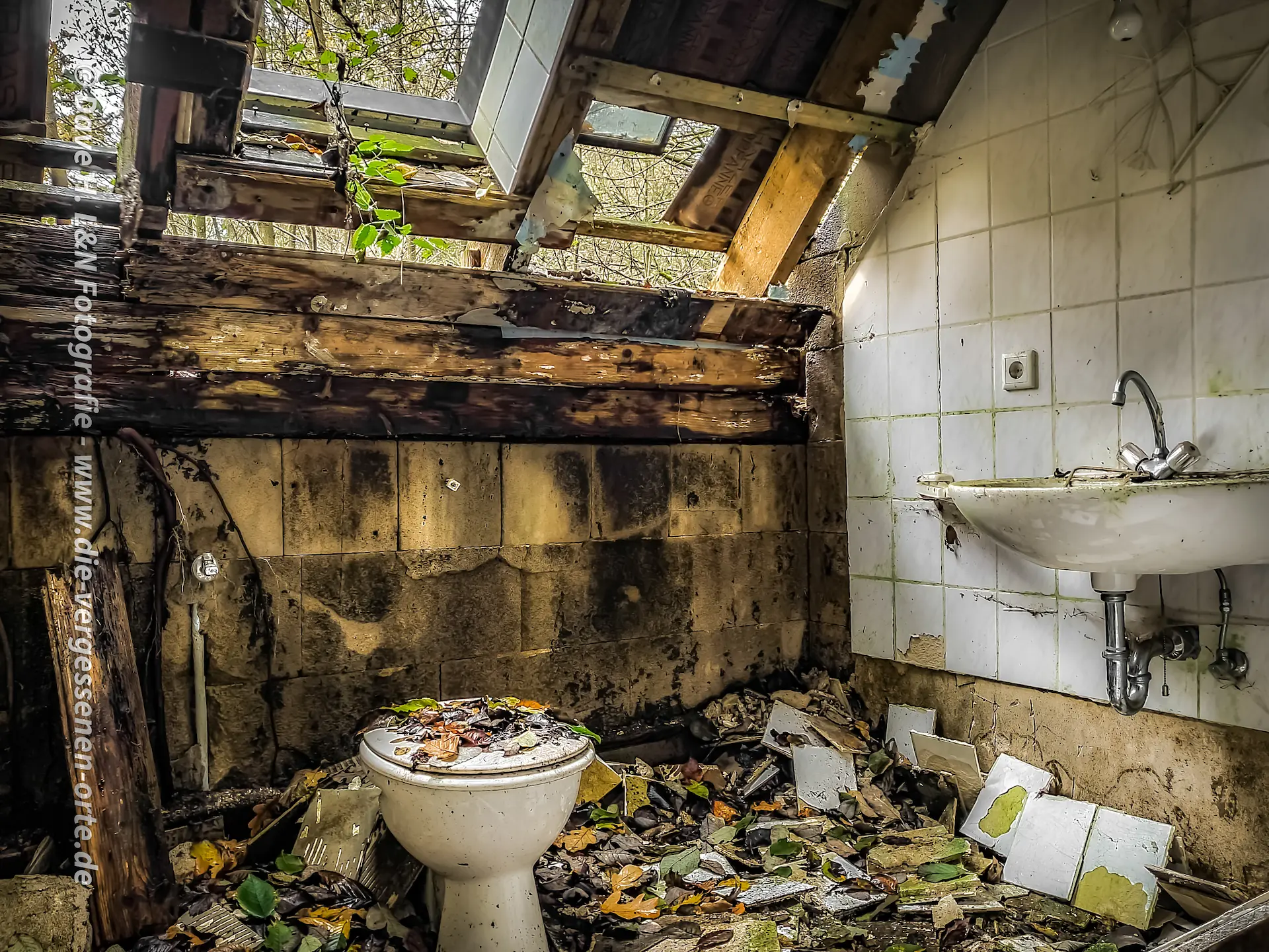 Toilette unter einem eingestürztem Dach.